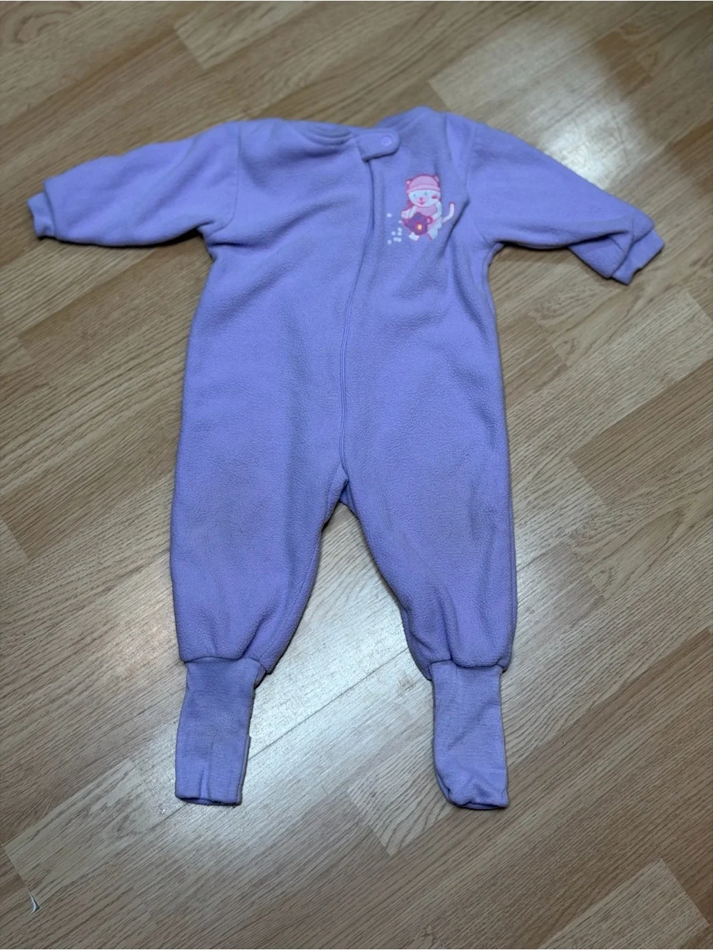 Vintage Snugabye Convert-A-Foot Girls Purple Kitty Fleece Sleeper Pajamas